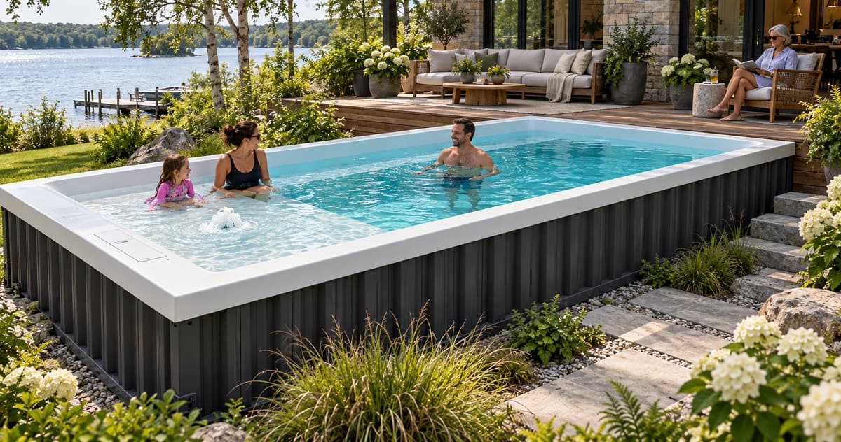 AI-generated concept, not the ReadyPool model sold: A family enjoying a container pool beside a lake: a mother and daughter on the shallow sun shelf and a father in the main swimming area