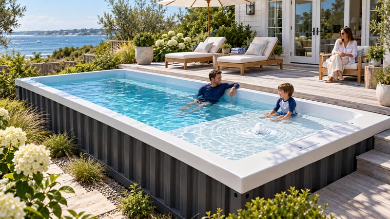 AI-generated concept, not the ReadyPool model sold: A father and son relaxing in a container pool on a coastal deck, with the son sitting on the shallow sun shelf beside the bubbler