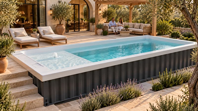 AI-generated concept, not the ReadyPool model sold: A container pool in a Mediterranean-style courtyard at golden hour, with lounge chairs on the stone patio