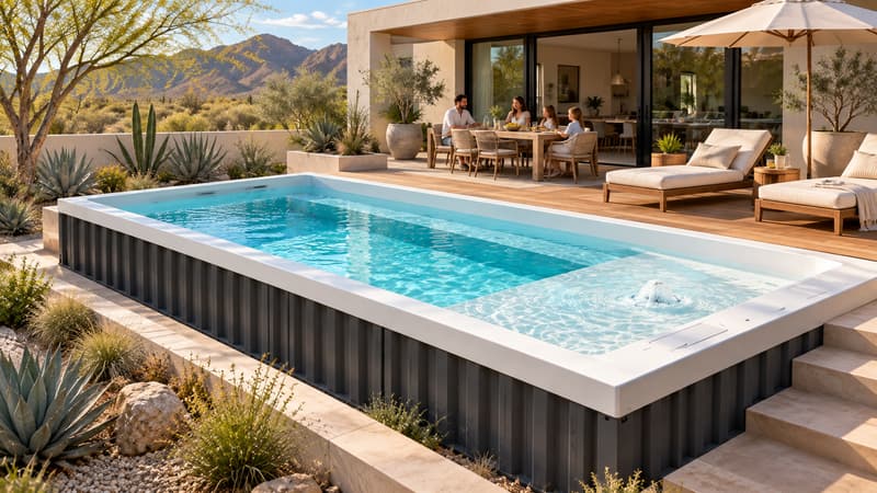 AI-generated concept, not the ReadyPool model sold: A container pool beside a modern desert home with agave landscaping and a family dining on the patio