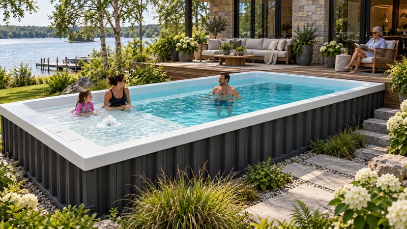 AI-generated concept, not the ReadyPool model sold: A family enjoying a container pool beside a lake: a mother and daughter on the shallow sun shelf and a father in the main swimming area