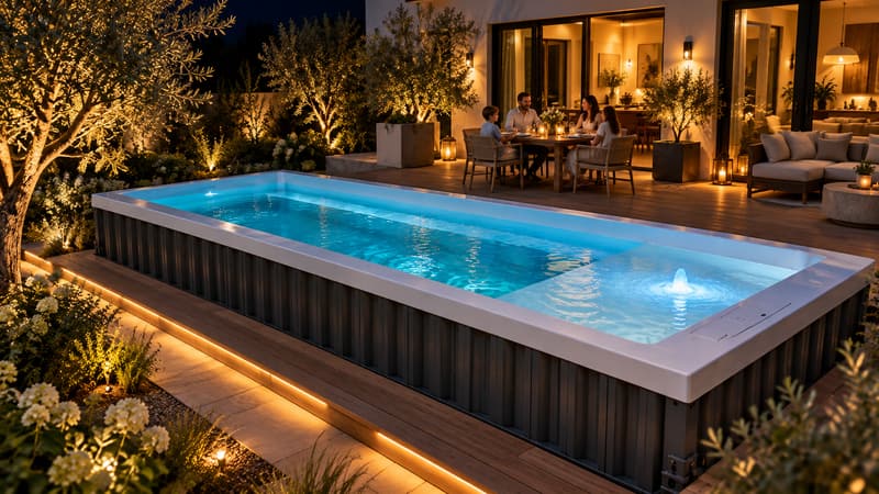 AI-generated concept, not the ReadyPool model sold: A container pool lit up at night beside a patio where a family is having dinner, with landscape lighting in the garden