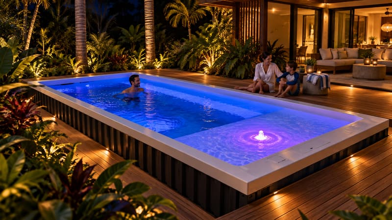 AI-generated concept, not the ReadyPool model sold: A container pool glowing blue and purple at night in a tropical garden, set into a wooden deck