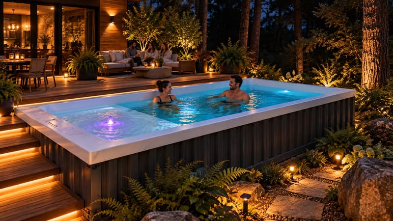 AI-generated concept, not the ReadyPool model sold: two adults in an illuminated container-style pool at night in a woodland garden with lit steps and path lights