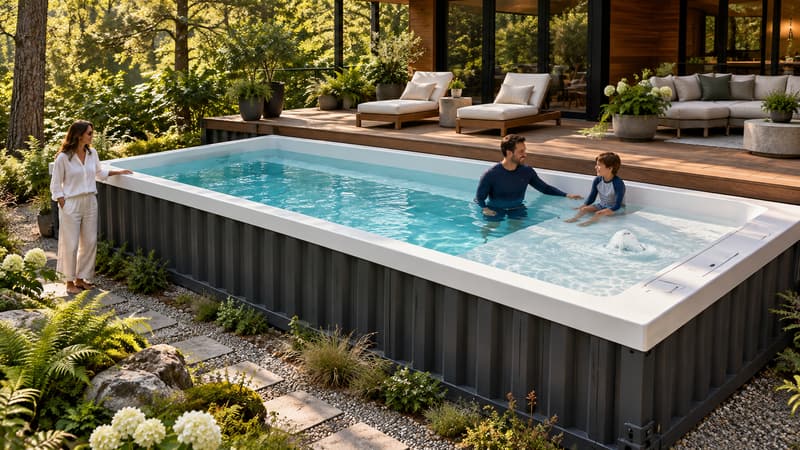 AI-generated concept, not the ReadyPool model sold: A container pool in a woodland garden with a father and son by the sun shelf and a mother standing on the stone path